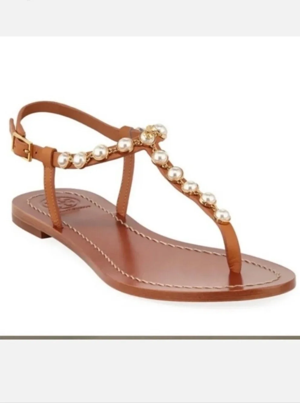 Tory Burch Emmy Pearl Sandals in Tan Teather With Pearl T-Strap Size 9.5